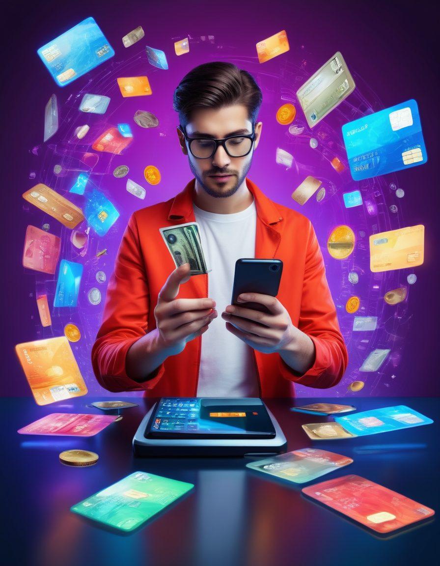 A futuristic scene depicting a person easily making a payment with a digital wallet on their smartphone, surrounded by floating images of credit cards, coins, and digital payment icons. The background shows a blend of traditional cash elements transitioning into sleek digital currencies, symbolizing the evolution of payment systems. Bright colors and modern technology give the image an energetic feel. vibrant colors. super-realistic. 3D.